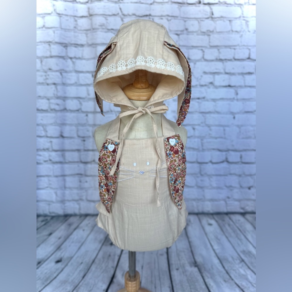 Cream bunny romper and bonnet 3/6m 6/12m 12/18m 18/24m